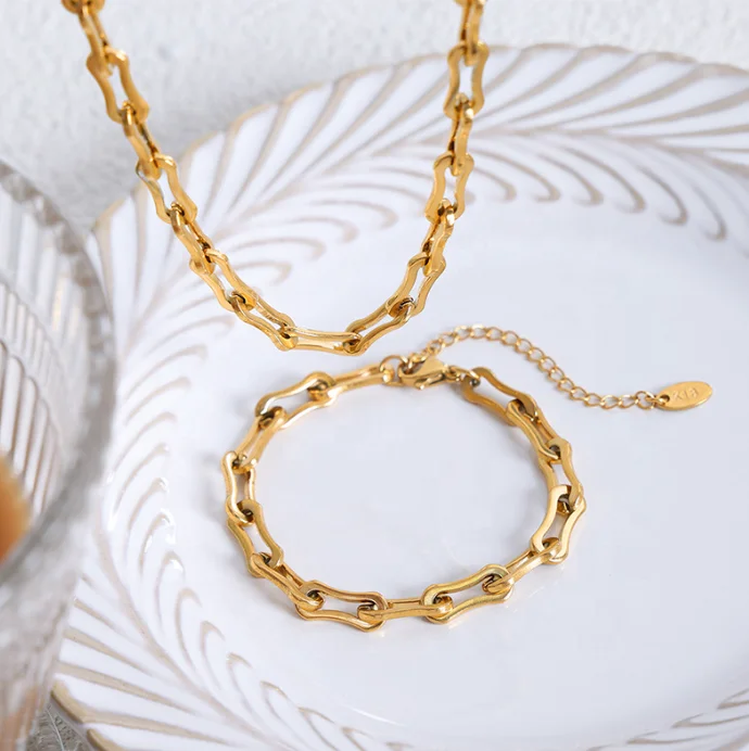 Hip Hop Fashion Thick Link Chain Necklace Bracelets Women 18K Gold Silver Minimalist Chunky Bold Cuban Chain Necklace Set