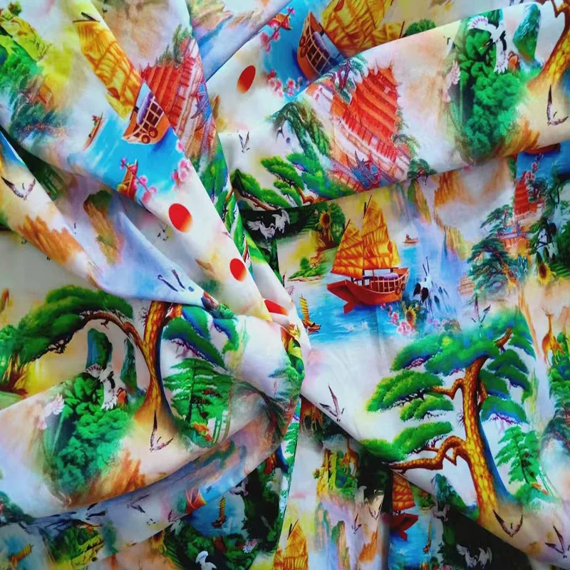 Custom Digital Landscape Painting Design Printing Mercerized Cotton Fabric For Clothing