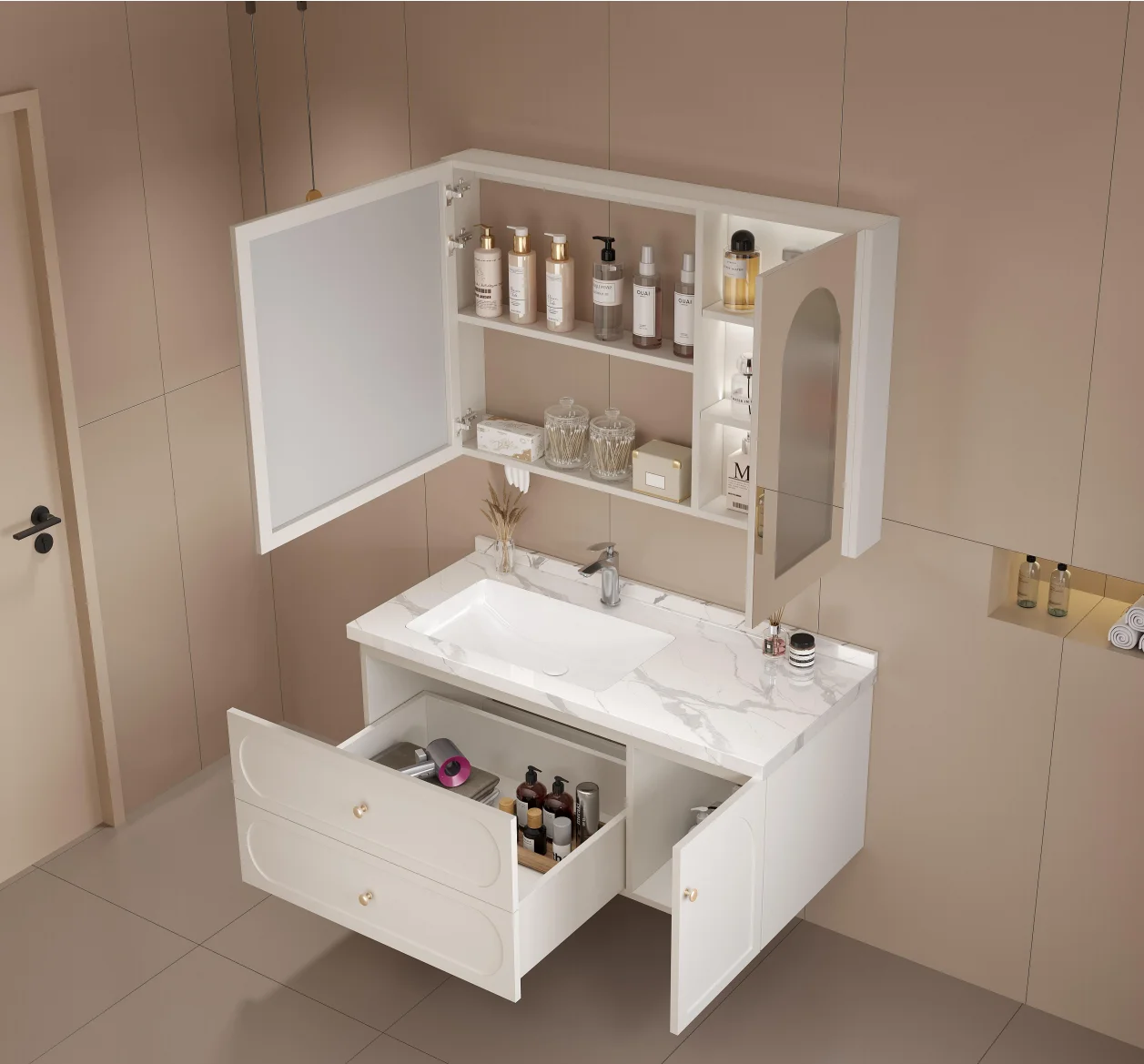 2024 Hot-selling Custom Modern Luxury Curved Wall Mounted Cabinet Bathroom Vanity