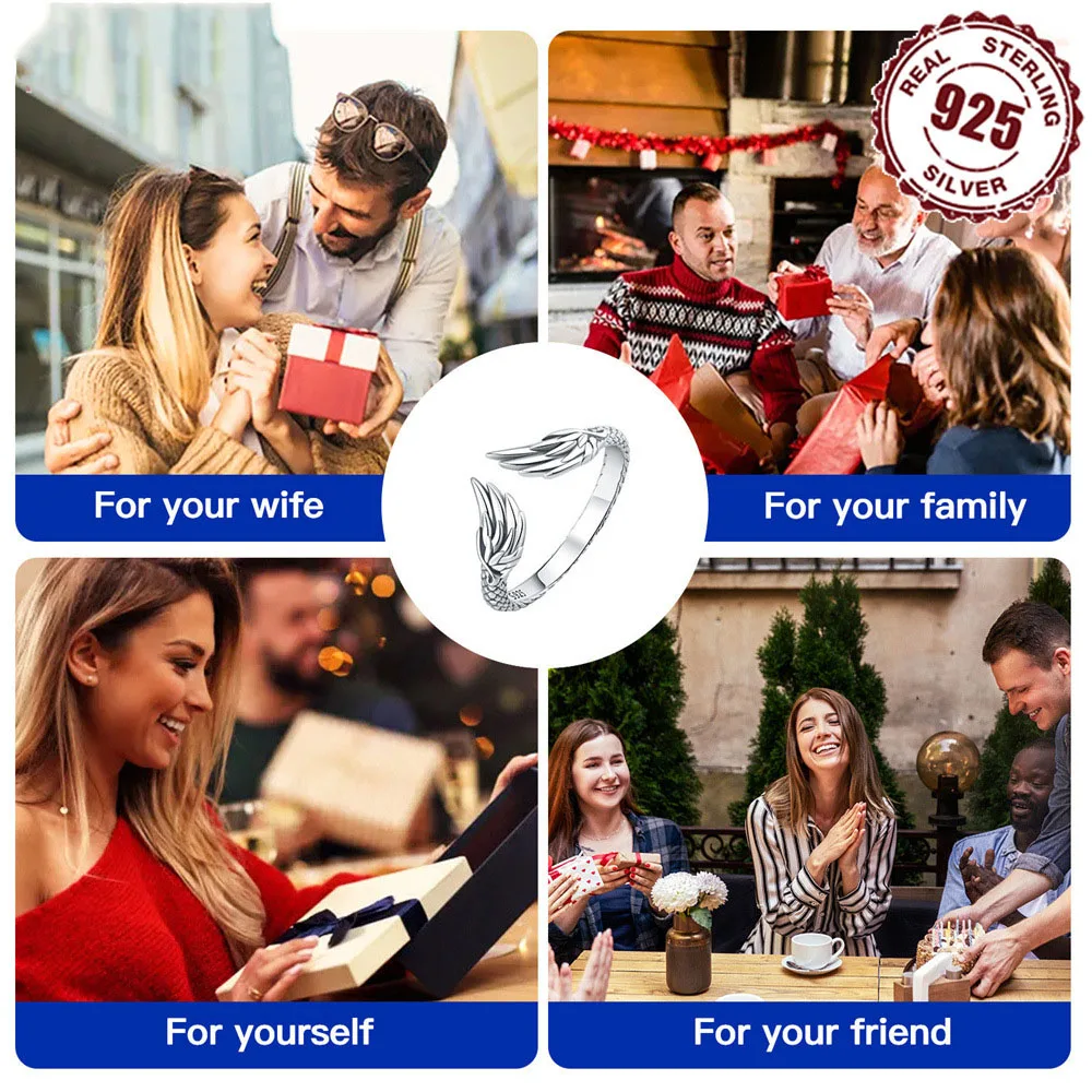 Classic Vintage Plain Sterling Silver Rings 925 Sterling Silver Engraved Angel Wings Open Adjustable Ring