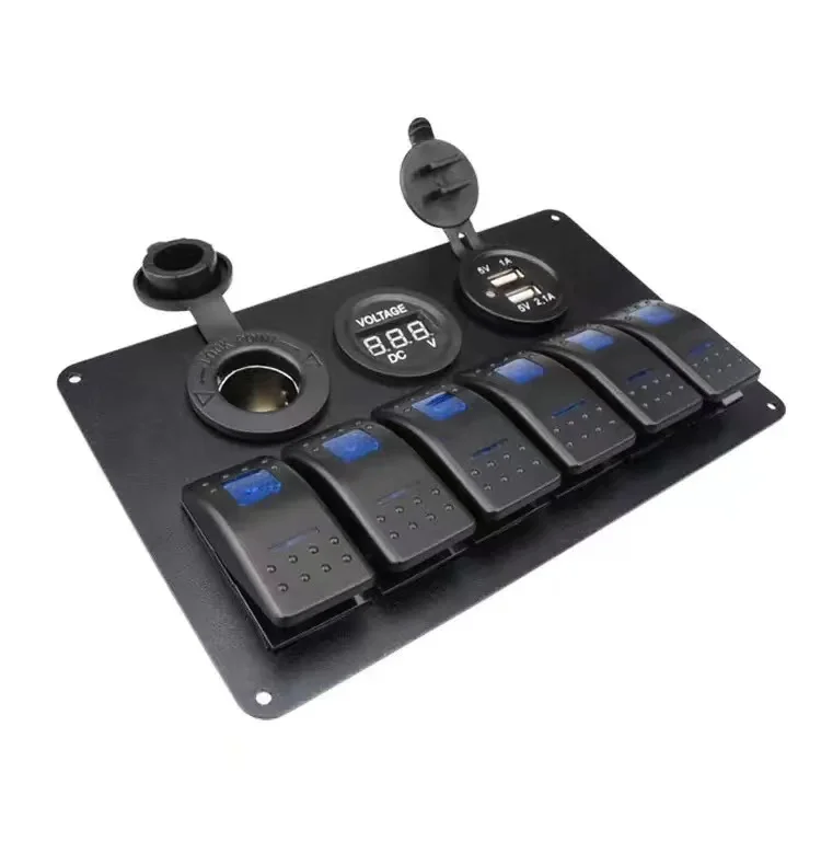 Waterproof 12V 24V 6 Gang Switch Aluminum Car Truck Switch Panel With Cigarette Lighter Adapter Dual USB And Voltmeter