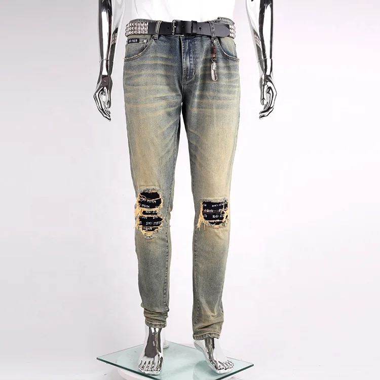 Мужские Винтажные джинсовые нашивки EDGE DENIM светло-голубые повседневные кожаные под джинсы
