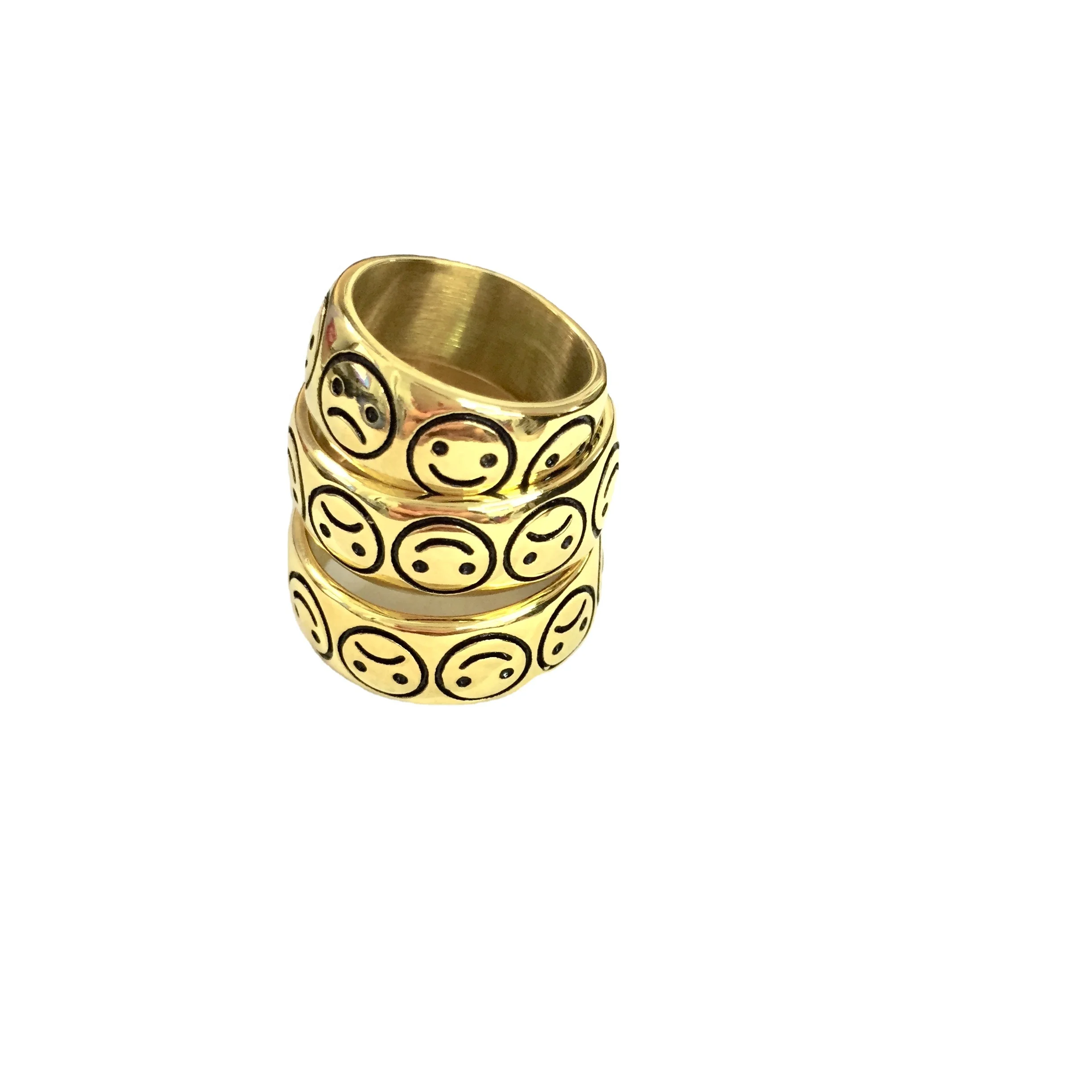 
QY Design Classical Style Steel Gold Plated Band Rings For Happy & Sorrowful Face 