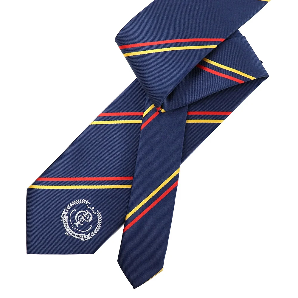 Custom Brand Logo Striped Microfiber Necktie Navy Blue Fashion Design Logo Tipping Polyester Tie For Business