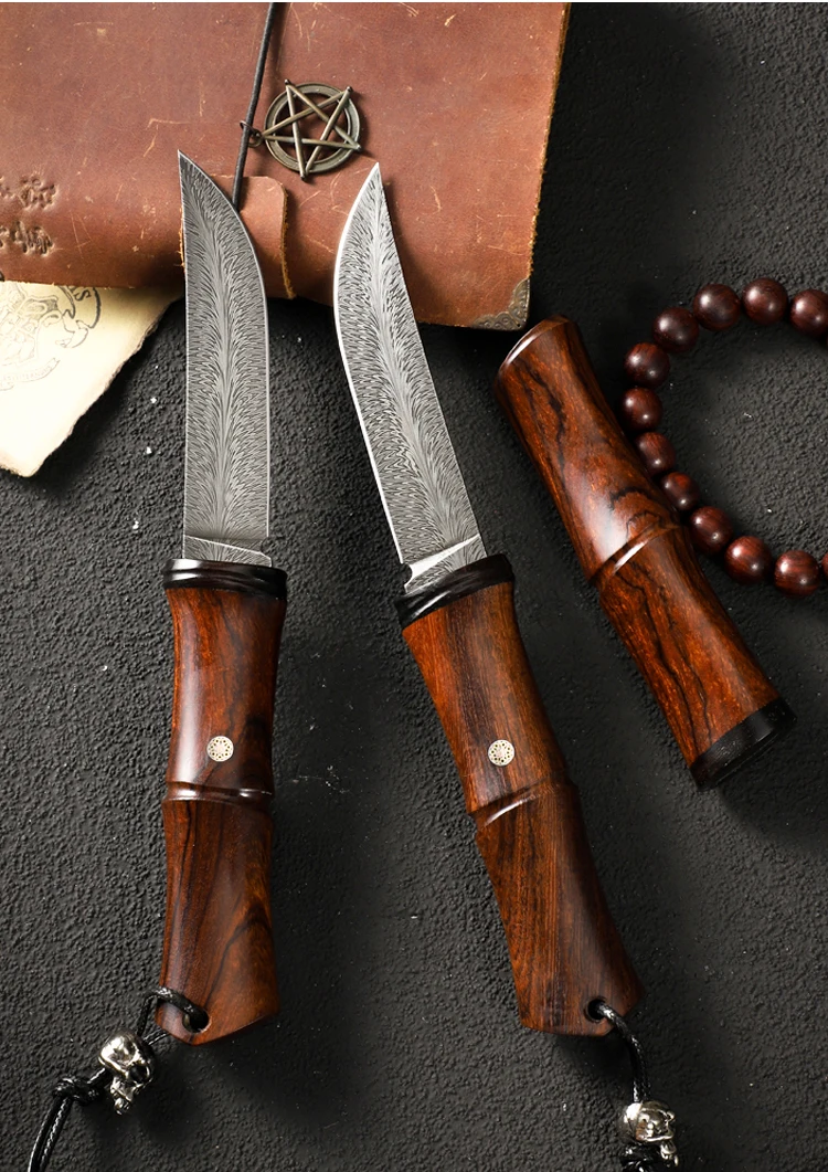 High Quality Yunxiao Bamboo Damascus Fixed knife Outdoor Survive Tools Pocket Knife Camping Knife RTS Customized Logo