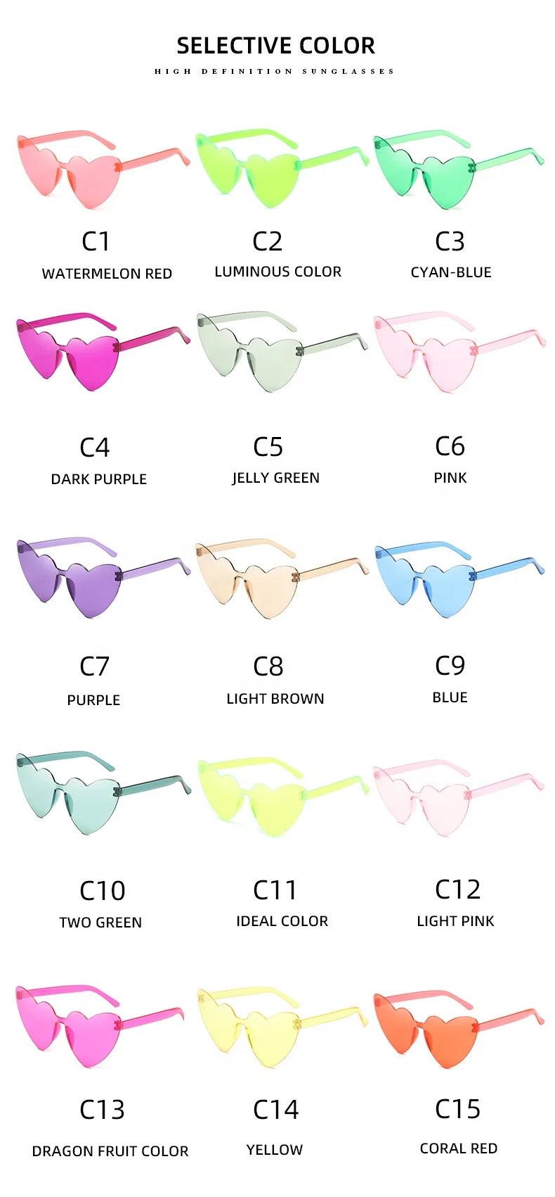 Cheap price Custom Logo Rainbow Frameless Lens Eyewear Candy Color PC Rimless Sunglasses pink love Heart Shaped glass Sunglasses