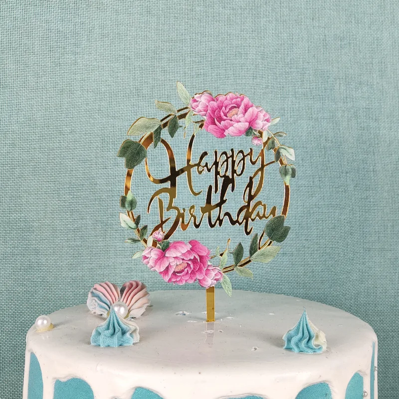 LOW MOQ cake decoration flower design printed acrylic cake topper birthday