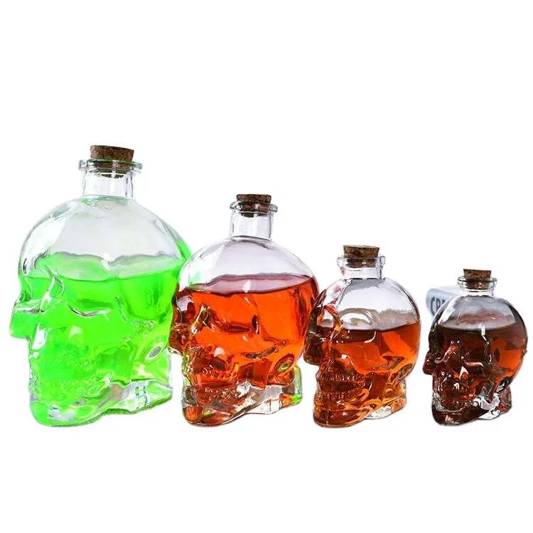 Empty Clear Skull Glass Liquor  Bottles 50ml 100ml 300ml 500ml 750ml  Skal Shape Glass Spirits Wine Bottles With Cork Lid