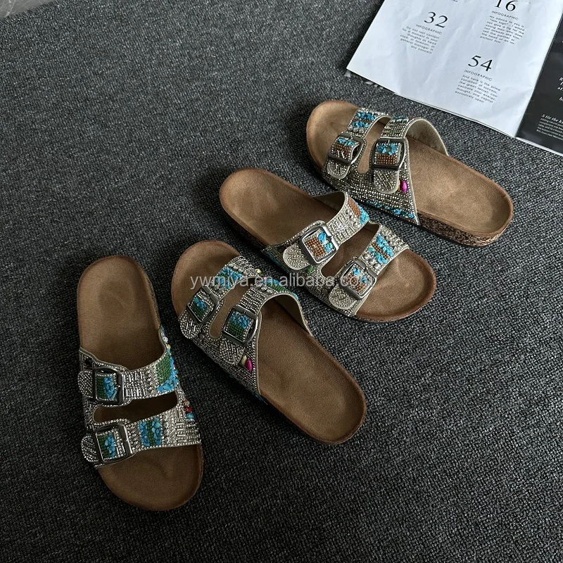 2024 OEM Customized logo Bohemia Cork Sandals Beaded Double Cross Strap Buckle Open Toe Flat Beach Sandals Slipper Ladies