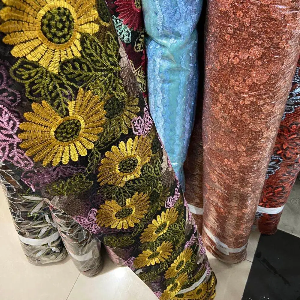 Beautifical flower tulle embroidery fabric Mexican embroidered fabric for garment