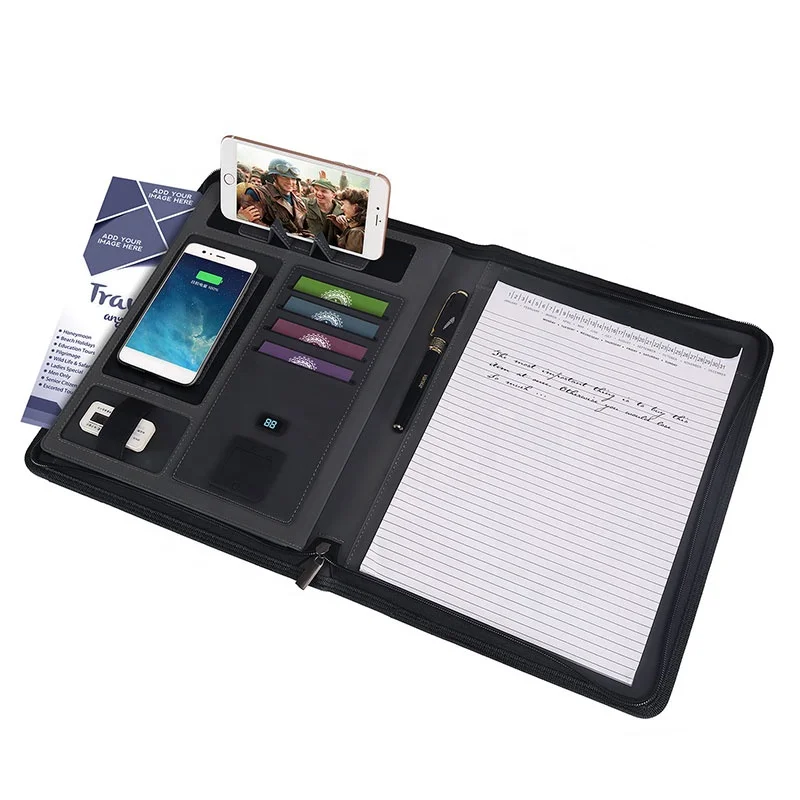 Combination contrast color PU leather notepad A4 business padfolio gift with power bank