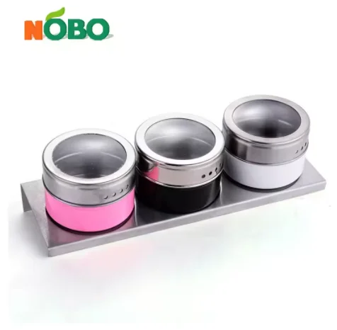 Round Seasonings Storage Containers with Shaker Clear Top Lid Stainless Steel Magnetic Spice Jar