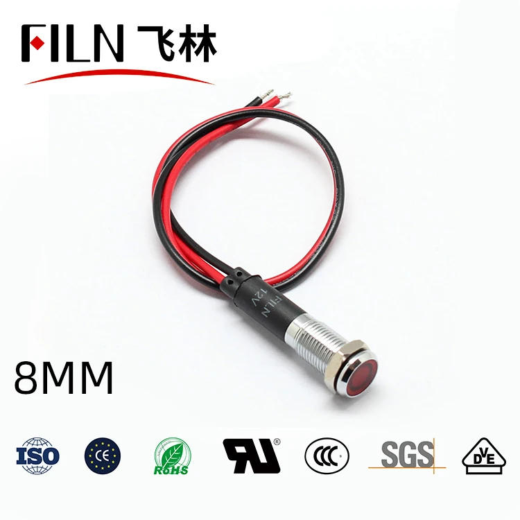 FILN 8mm waterproof flat head 12v yellow green blue metal led emergency indicator light with cable