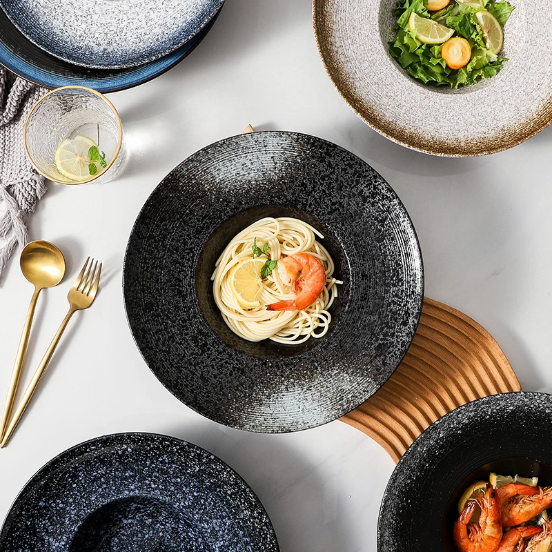 Porcelain Black Round Salad Plate with Rim Ceramic Soup Plate, Direct Factory Deep Plate For Restaurant