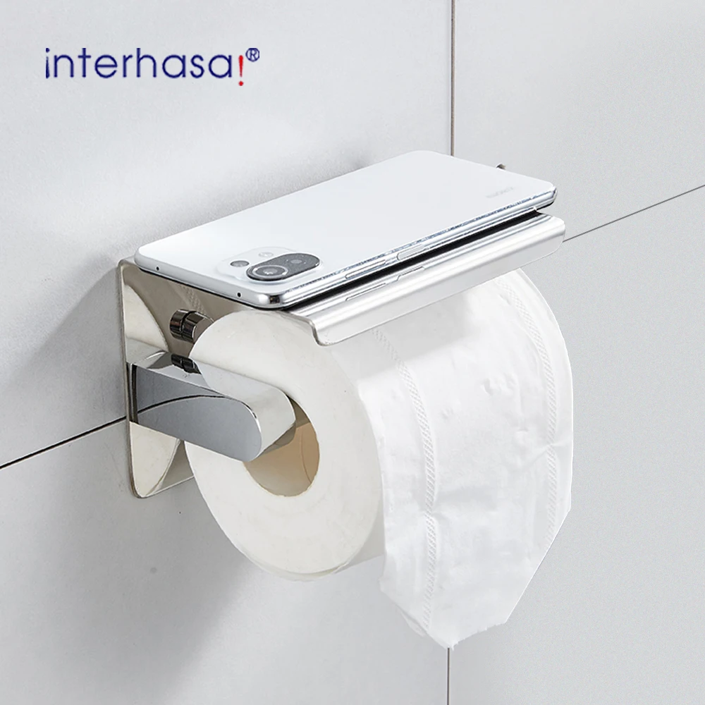 Bathroom Wall Mounted 304 stainless steel Toilet Tissue paper towel roll holder with phone Shelf