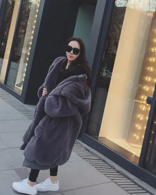
Winter Warm hooded Large size Medium length Solid color Fur & Faux Fur Women 2019 New Casual Long sleeve Women Fur coat 