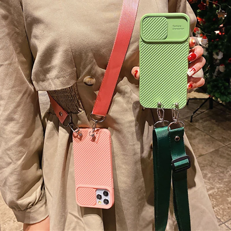 Slide Camera Protect Phone Case for iPhone XR X XS 12 Mini 11 PRO MAX SE2020 7 8PLUS Crossbody Shoulder Strap Lanyard Lens Cover