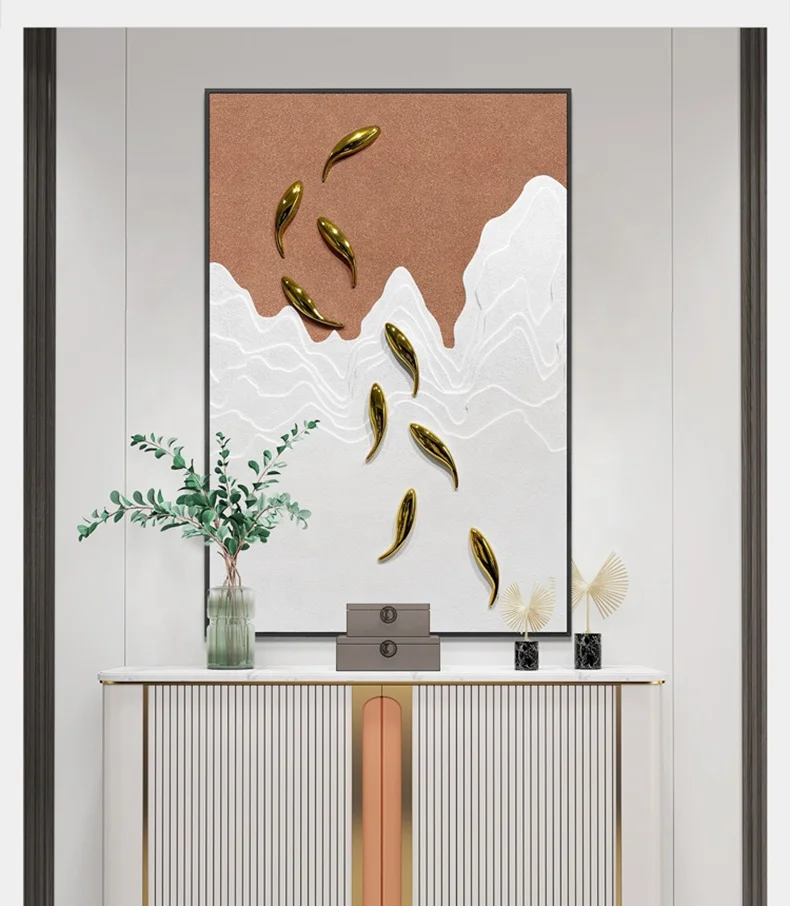Modern minimalist 3D wood carving physical painting light luxury nine fish figure porch corridor handpainted decorative painting