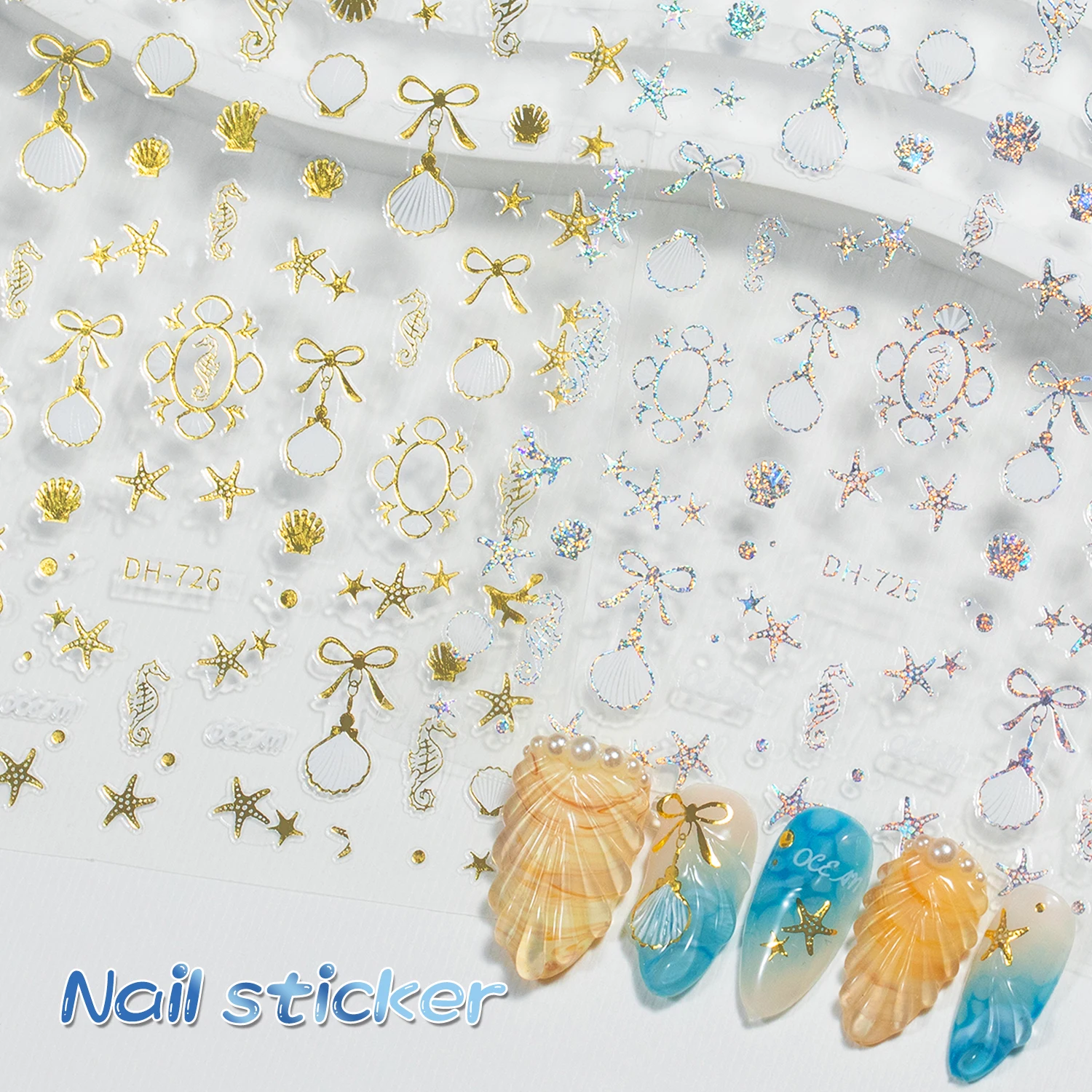 Customized Design laser Sticky Type Pixel Ultra Thin Waterslide shell Gold Silver Series Young Girl Style 5D Nail Stickers