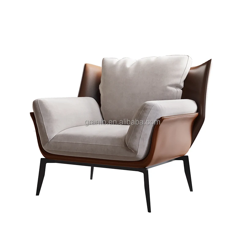 Nordic style sitting room leather sofa chair stainless steel recliner chair hotel lounger chair