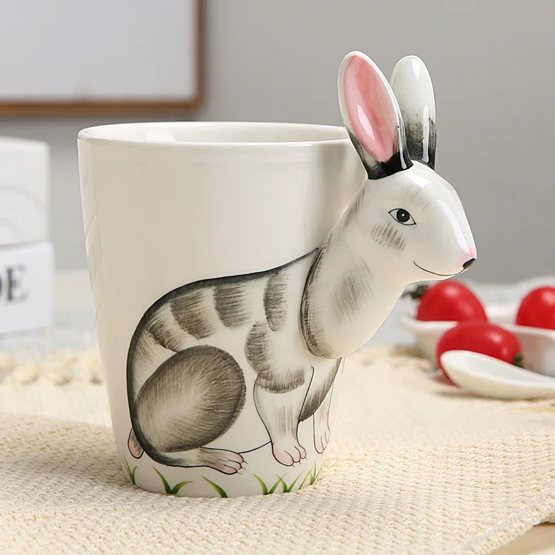 
Hot sale Pure Hand-painted Cerami canimal 3d mug rabbit ceramic coffee mug bunny ceramic mug with tentacle handle 