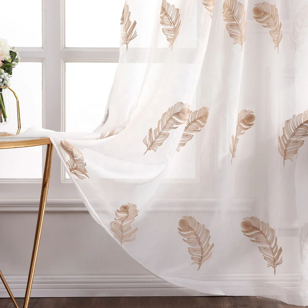 Best Selling Embroidered Sheer Pelmet Window Curtain Feather Design Grommet Window Curtains  For Living Room Bedroom Hotel Home