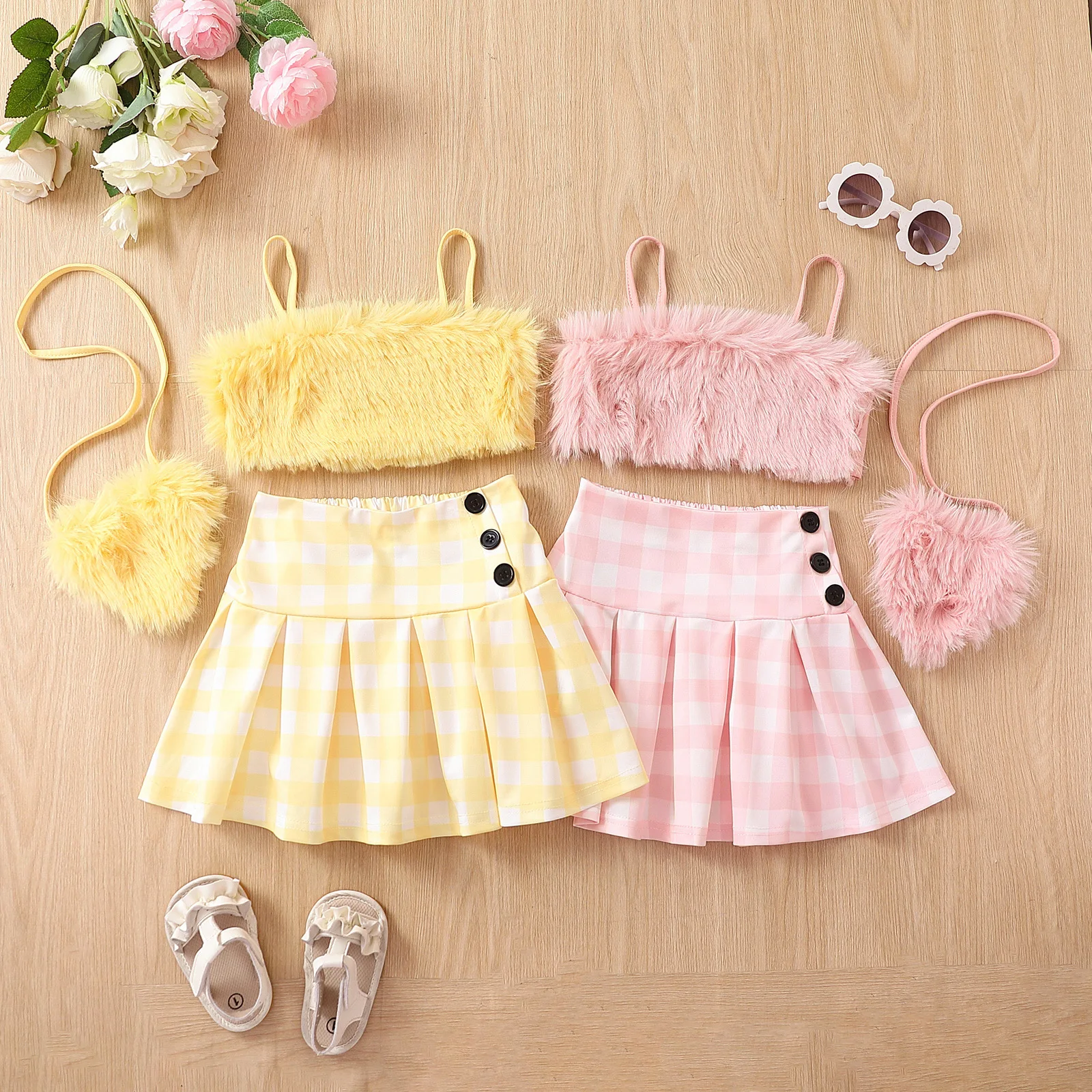 Baby Girls Clothes Furry Straps Top Matching Plaid Skirt Suit 3 pcs Toddler Clothes Sets with Bag