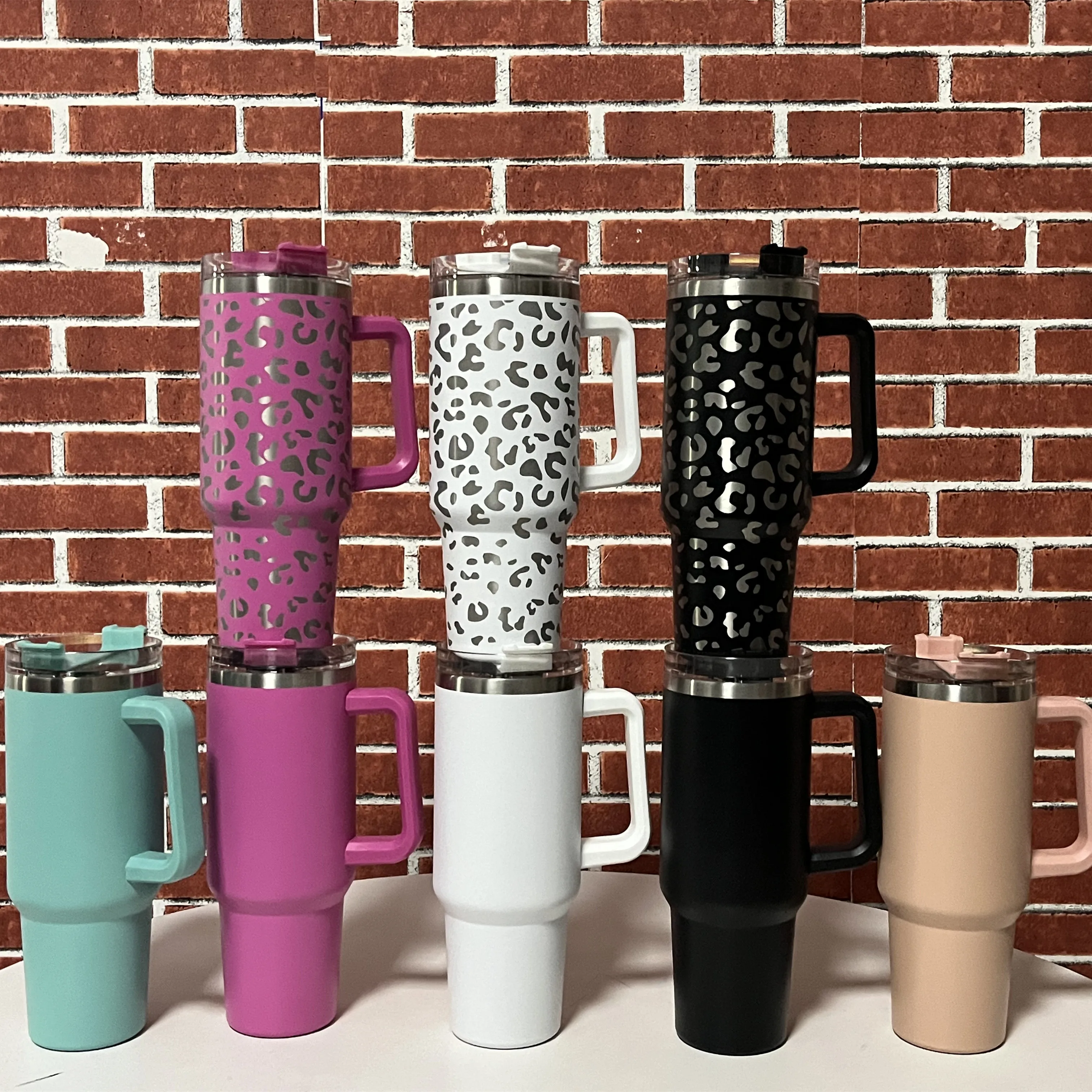 Large Leopard Stainless Steel Tumbler with Lid Straw Cheetah Handle Tumbler Laser Engraved Mug Cup Beer 40oz Stan-ley Tumbler