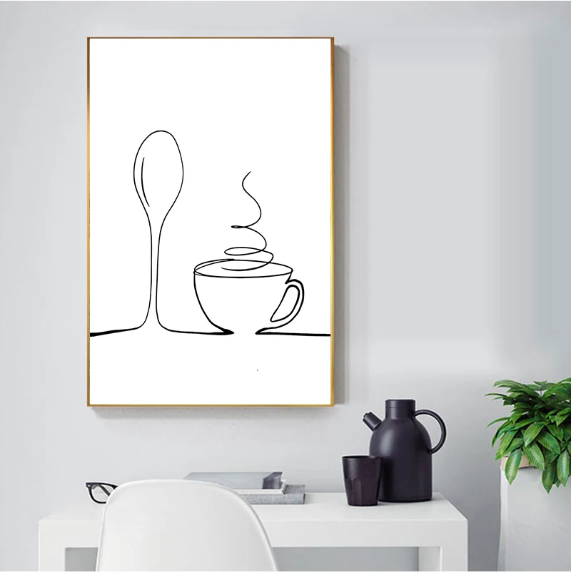 Home Decor Nordic kitchen Style Pictures Print Line Coffee Red Wine Knife Fork  wall art canvas poster painting decor