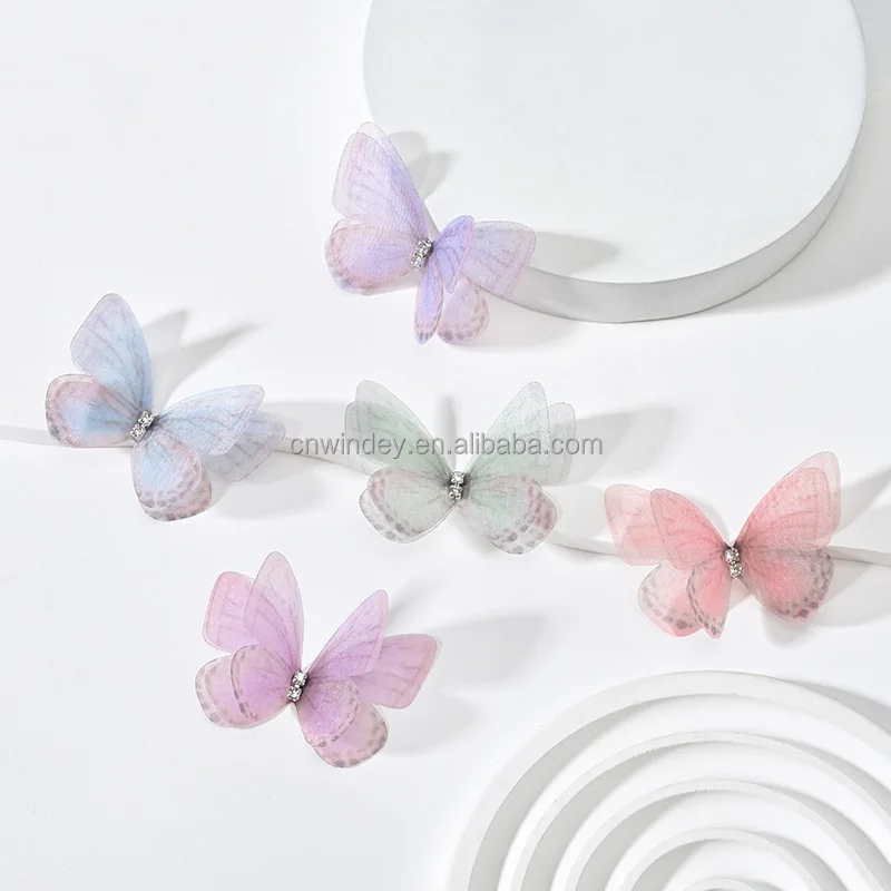 Fashion Colorful 3D Butterfly Decorations Organza Rhinestone Appliqued Sew On Patches For Dress Ball Gown