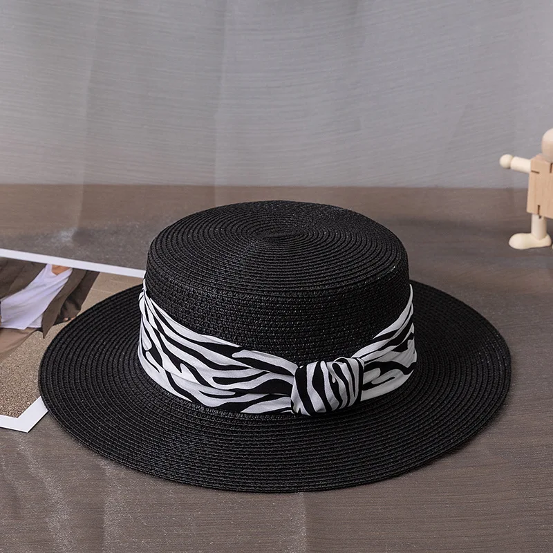 Wholesale Lady Boater Sun Hat Flat Top Straw Beach Hat Round Summer Sun Panama Hat Women