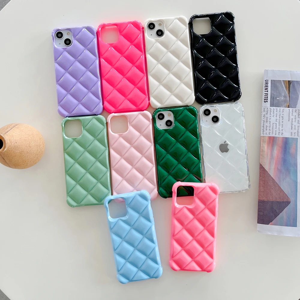 3D Candy Color Luxury Diamond Lattice Phone Case For iPhone 11 12min 13 Pro X XR XS Max 7 8 Plus Plain Cute Soft Back Cover Case
