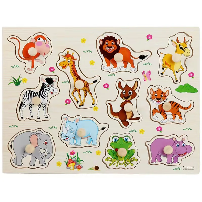 2023 the Popular Wooden Puzzles for Toddlers 1-3 Kids Animal Wooden Jigsaw Puzzles with Handles Montessori Toys Birthday Gifts