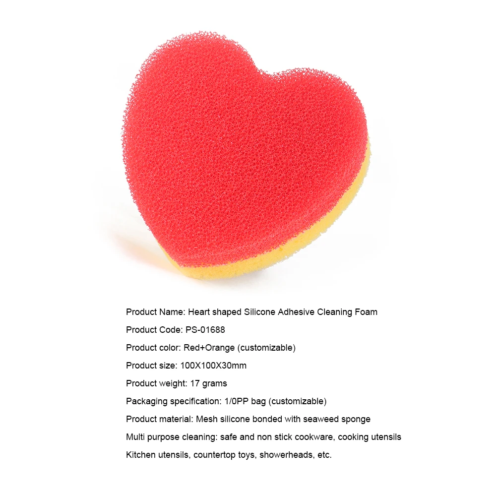2-in-1 Material Heart-shaped Silicone Sponge Cleaning Pad, Used for Kitchen Cleaning