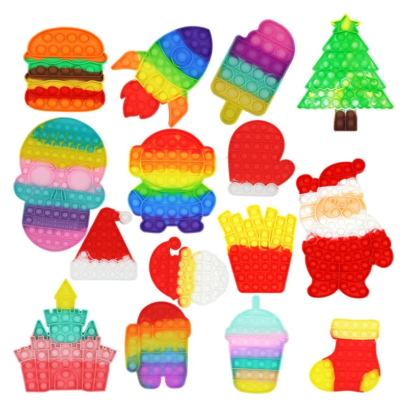 Wholesale Popular Silicone Fidget Christmas Bell Gingerbread Candy Key Chain Set Bubble Popper Mini Push Pop Fidget Keychain