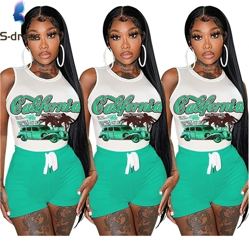 2022 New Arrivals Fashion Print Jogger Sets Crop Top Outfits Women Clothing Two Piece Short Set