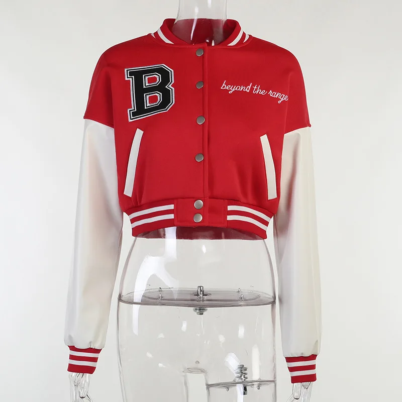 Cotton leather sleeves cropped letterman varsity jacket women custom patch fall baseball varisty wholesale for