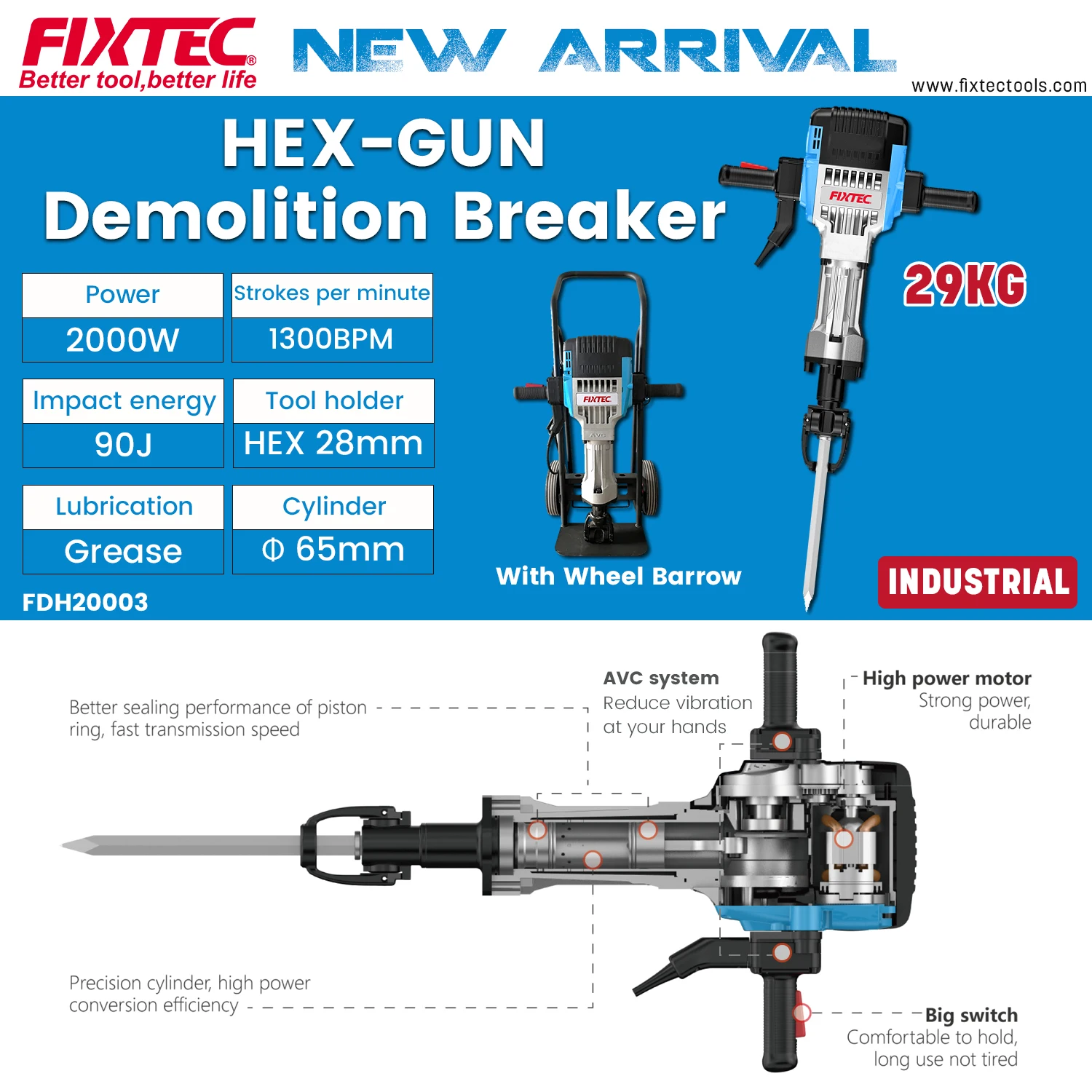 FIXTEC Power Tools High Quality Powerful 2000W 29kg Electric Breaker Demolition Hammer Concrete Breaker Machine