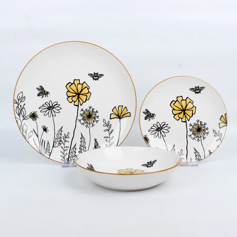 Stoneware dinnerware 18 piece dinner set flower bee pattern design fine china dinnerware