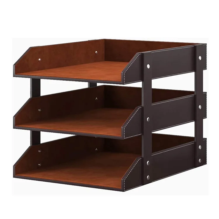 
Classical leather office desktop storage document letter tray organizer 3 tier file holder 