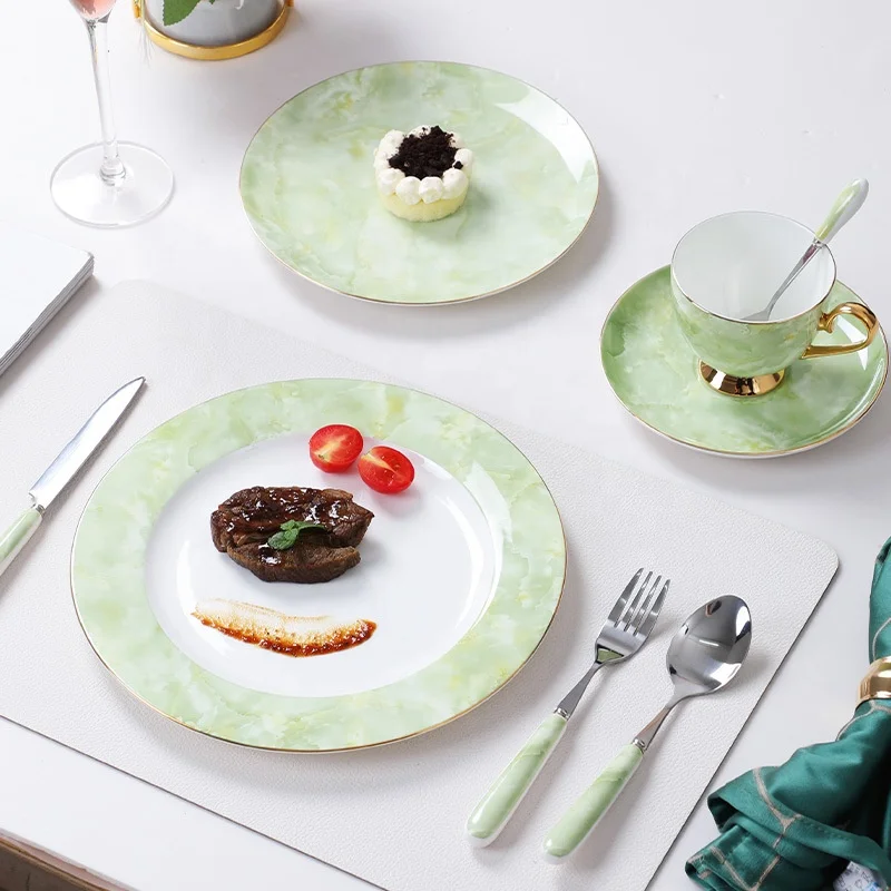 Ceramic green marble dinnerware set porcelain serving plates tea cup saucer set