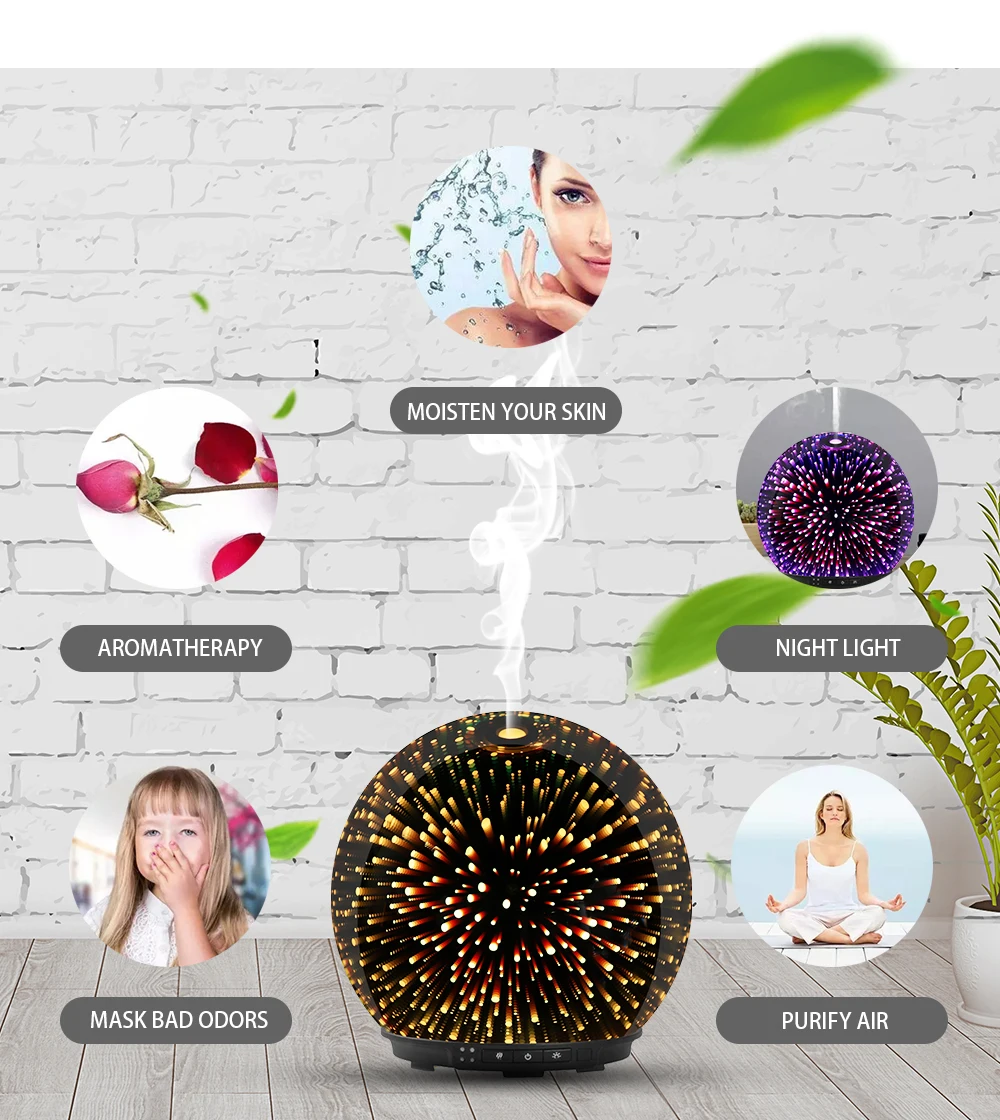 Ultrasonic Air Humidifier Essential Oil diffuser 3d effect glass commercial aroma diffuser with CE ROHS FCC timer