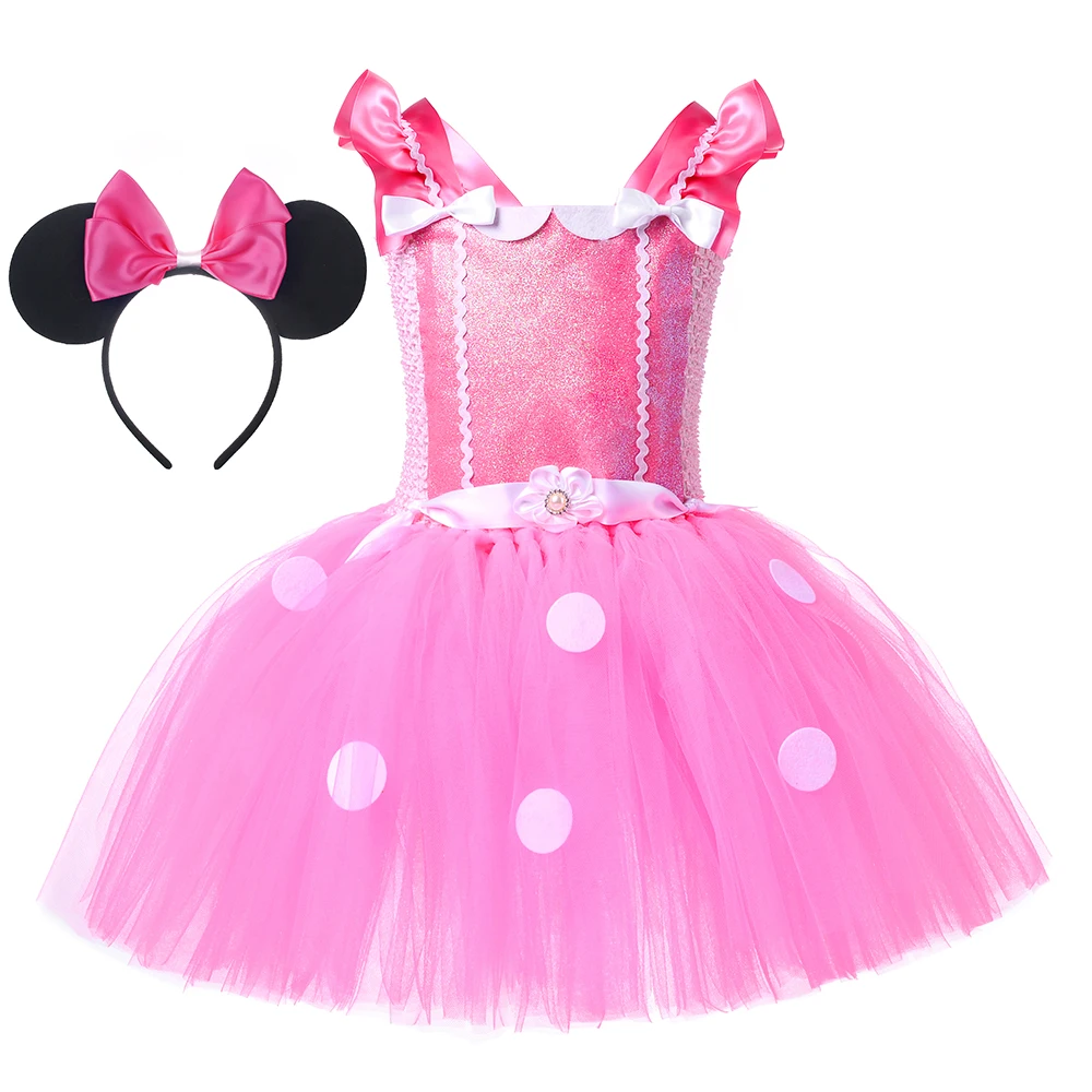 The New Design Pink Tutu Dress Up Puffy Tulle Costumes Halloween Cosplay For 2-12Y With Mouse Ears