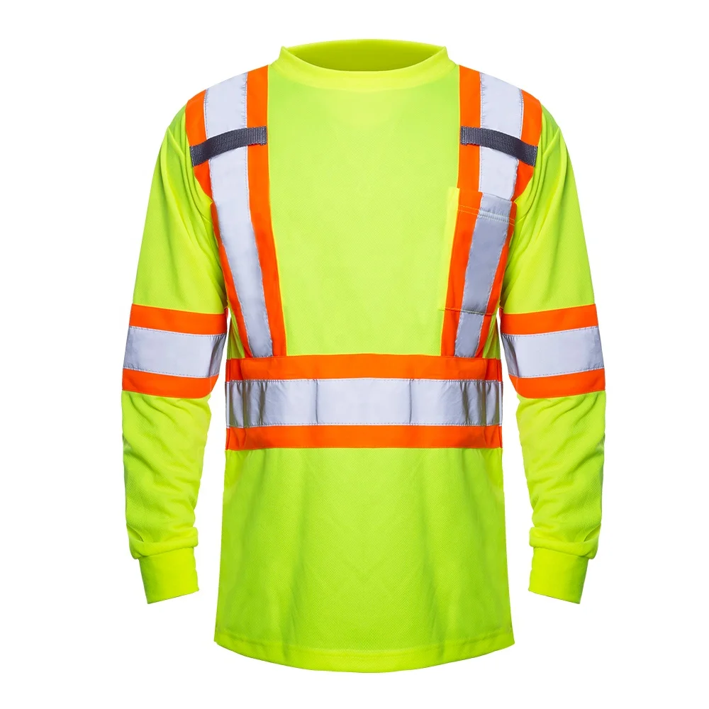 ANSI Class 2 Long Sleeve Polyester Bird Eye Reflective Safety High Visibility Yellow Work Shirts
