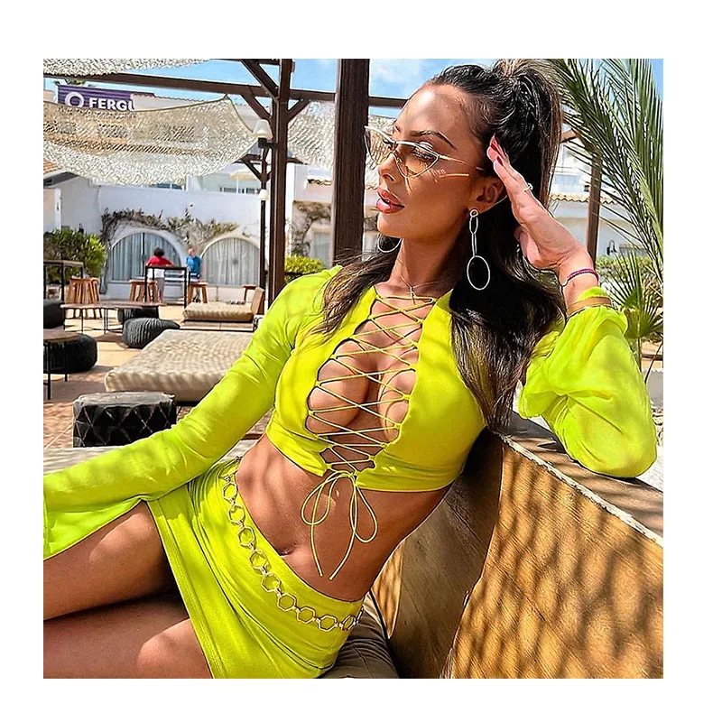 2024 Mesh Sleeve 2 Piece Set Women Mini Skirt And Top Set For Women Lace Up Outfits Set For Women