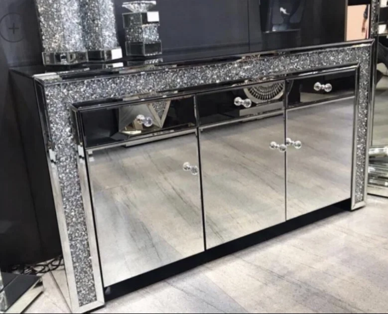 Home Dining Room Kitchen Cabinet Sideboard Mirrored Buffet Decorative Storage Modern Foshan Factory Customized 3-door 3-drawer