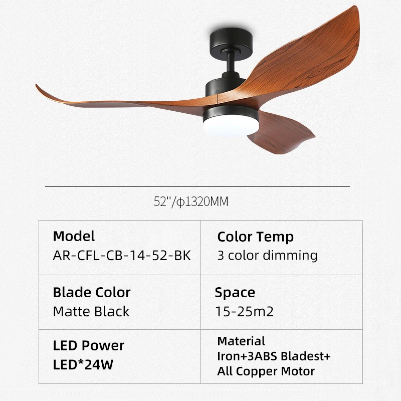 AIERTEC 52' Modern All Copper Motor 3 ABS Blades Ceiling Fans With Light Remote For Bedroom Living Room Patio