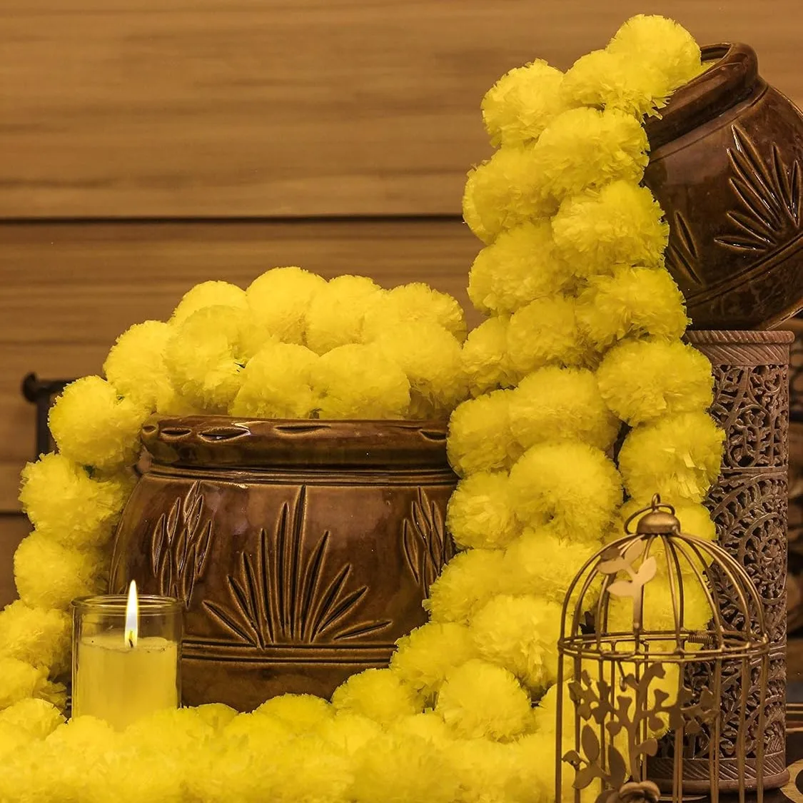 Marigold Garland with Bell 45' Wedding Party Mantle Decoration Faux Garlands Indian Diwali Mexican Day of the Dead Decoration