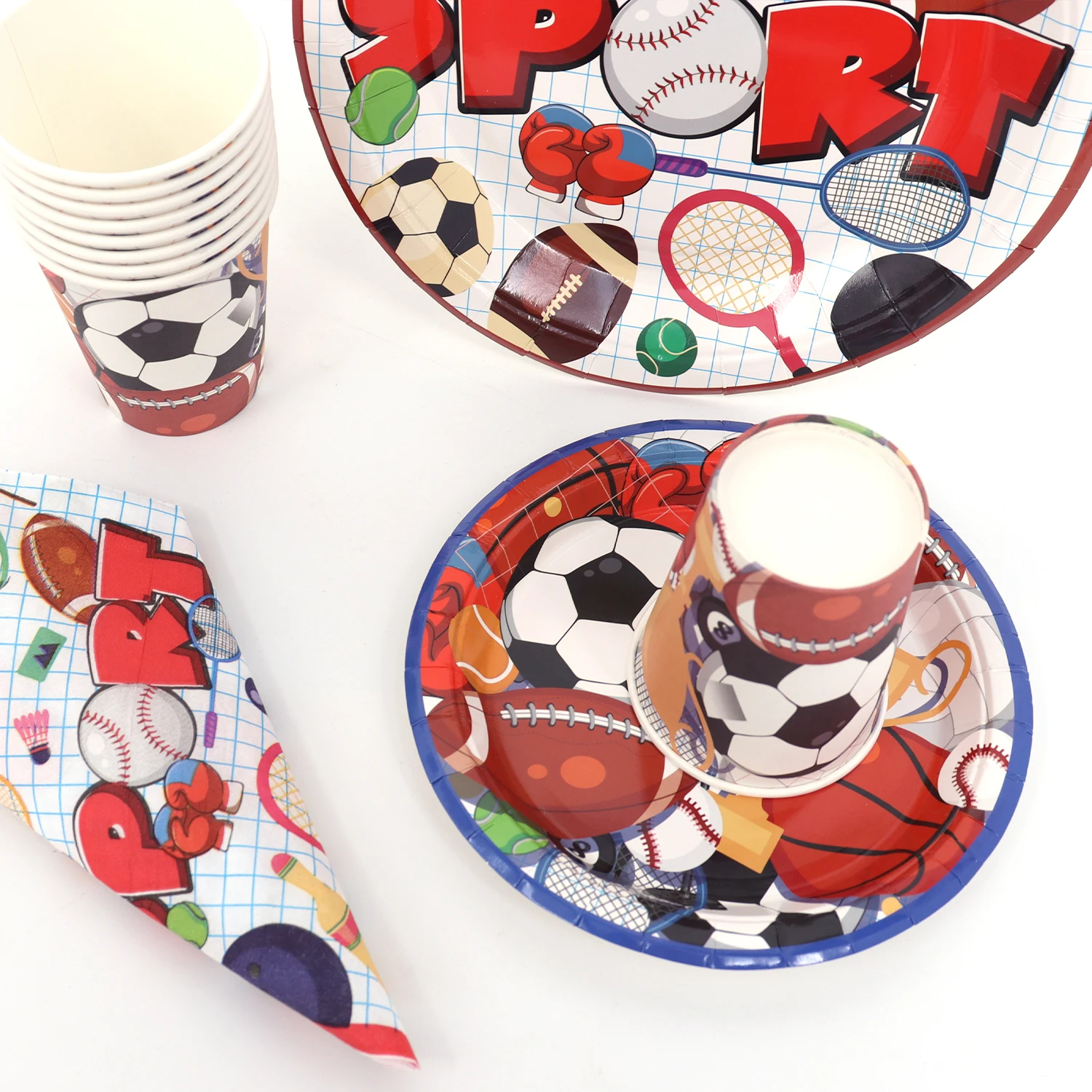 Pafu in Stock 16Pcs  Football Party Tableware Kit Sports Themed Happy Birthday Boys Napkin Plates Basketball Cups Paper Banners