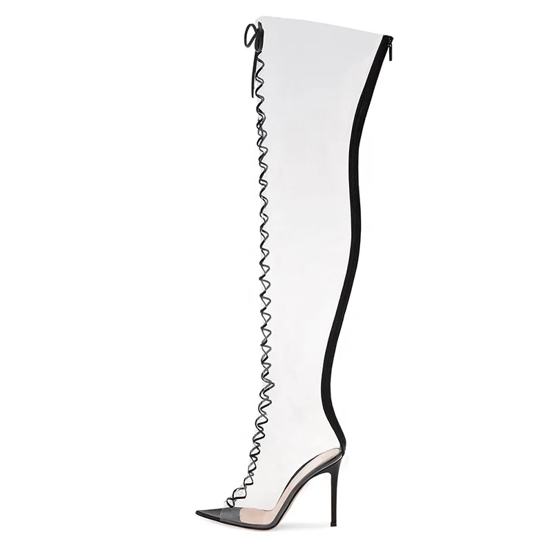 Женские Модные прозрачные сапоги выше колена на шпильке с острым носком из ПВХ, женская обувь